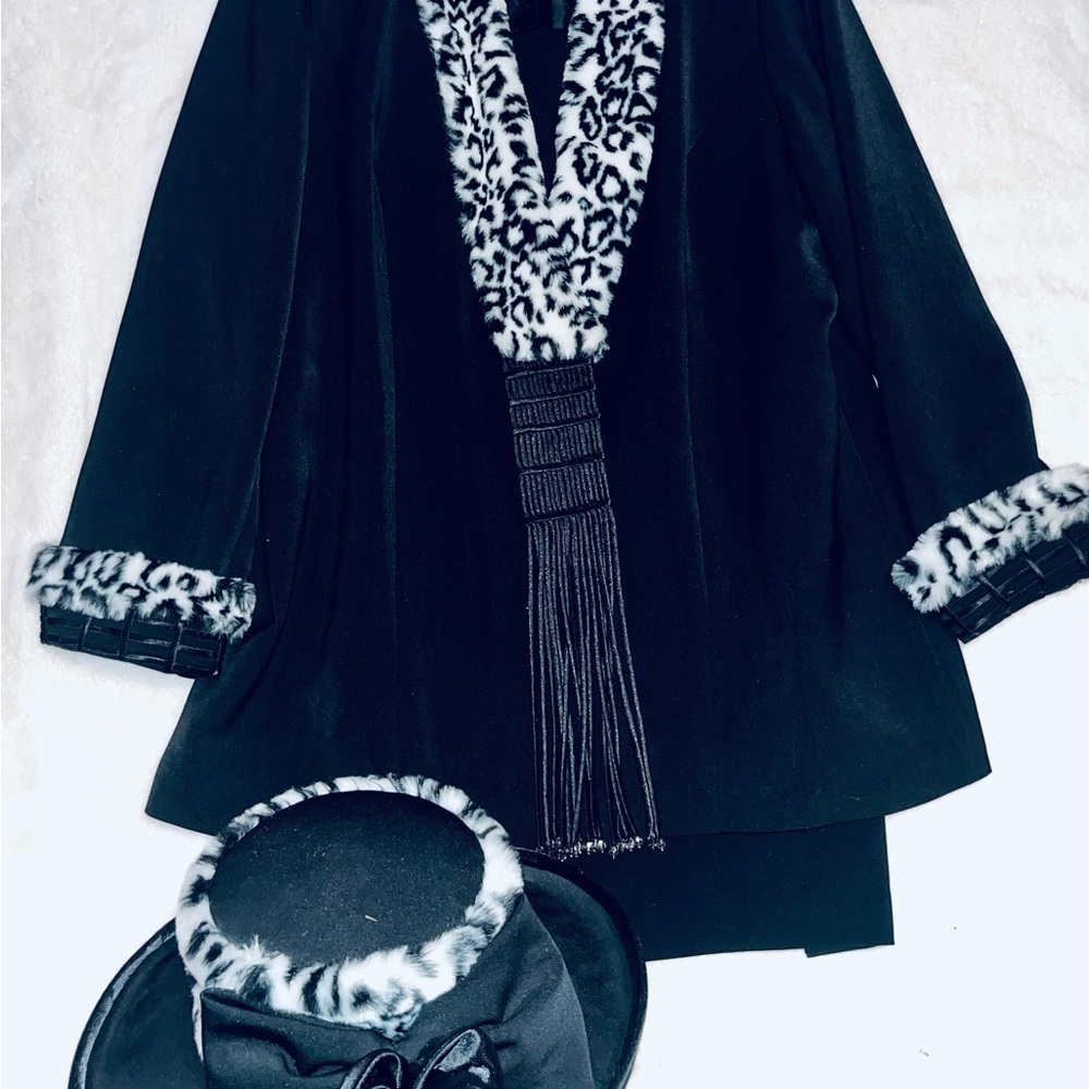 ML.STUDIO Black Dress with Leopard Print and Fringe and hat